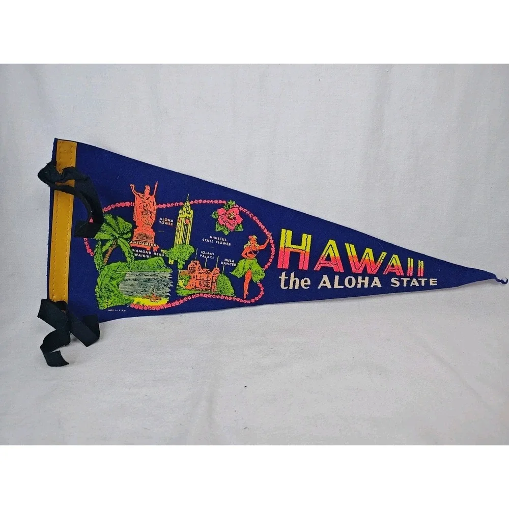 Vintage 60s Hawaii The Aloha State Pennant Blue Tourist Souvenir Hula Dancer